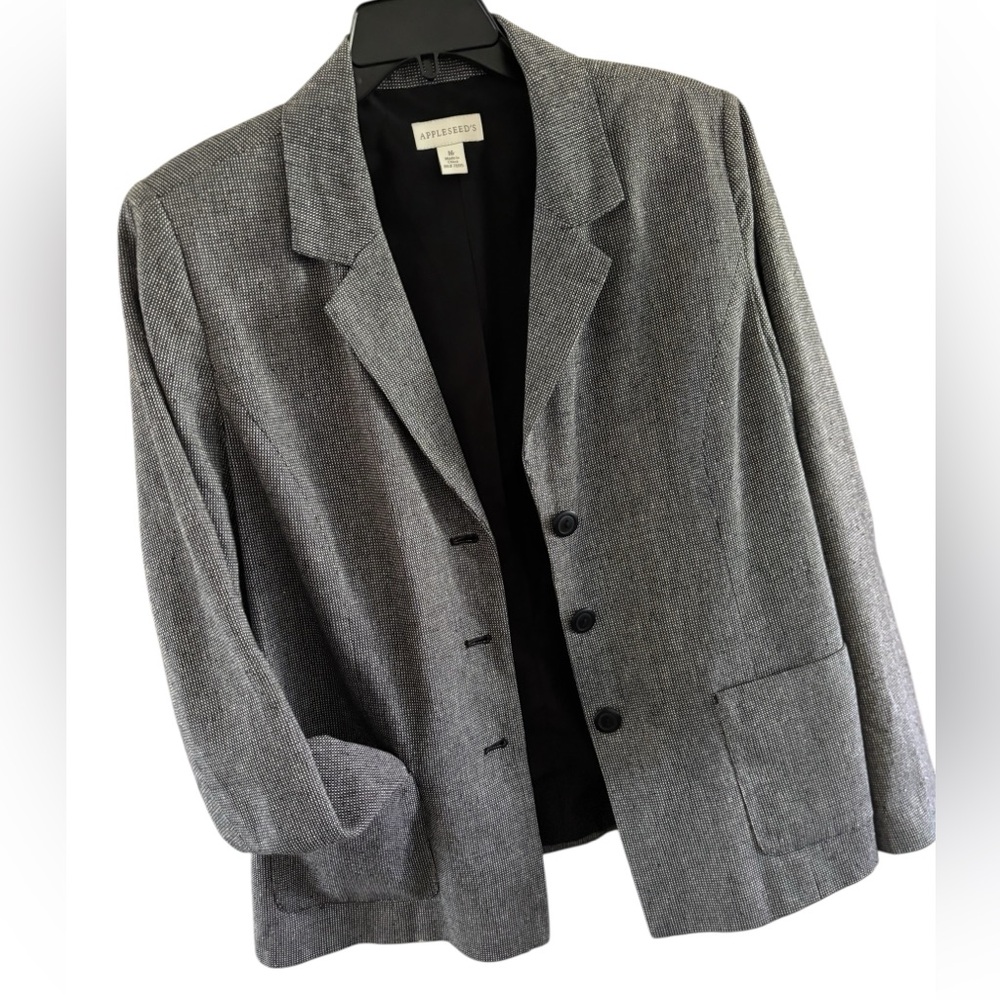 Vtg Appleseeds Black White Tweed Silk Cotton Classic Three Button Blazer Size 16